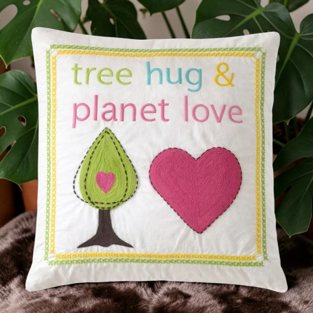Pottery Barn Teen Tree Hug Planet Love Pillow Cover Organic Cotton Embroidered‎